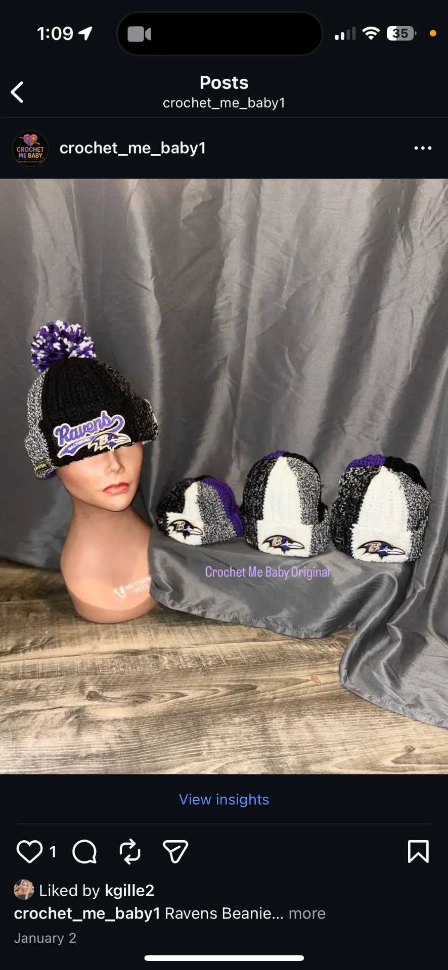 Crochet Me Baby Instagram post showing handmade Baltimore-inspired crochet beanies